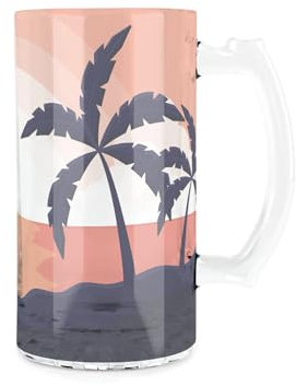 Purely Home Summer Beach Glass Stein - Sunset Silhouette Palm Trees Colourful Beer Glass Gift/Present - 450ml Drinking Cup/Tankard with Handle