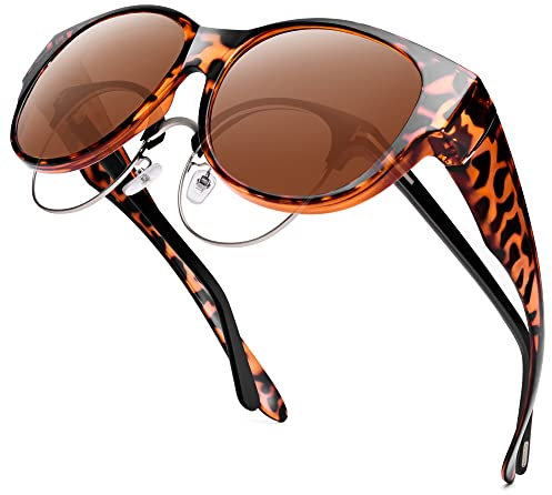 URUMQI Überzieh Sonnenbrille für Brillenträger Damen - UV400 Schutz, Blendschutz, Polarisiert, Fit Over Brille, Ultra Leicht, Rundes Katzenauge, Schildpatt Rahmen