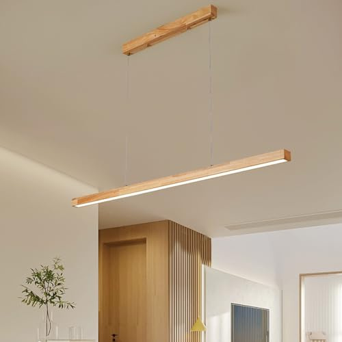 Aleaty LED Lineare Pendelleuchte Esszimmer aus Holz Hängelampe Modern Dimmbar Esszimmerlampe mit Fernbedienung Küchenlampe Höhenverstellbar Holzlampe für Esszimmer Wohnzimmer Küche (Holz, L150cm)