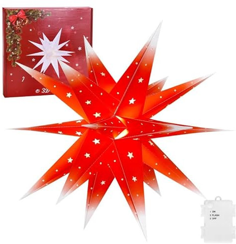 DIAOCARE Stella di Natale da 58 cm, Batteria Illuminata con Timer, Stella di Herrnhuter per Esterni, Pieghevole, in Polipropilene, Illuminata, per Esterni, a Batteria 3D, per Decorare l'albero di