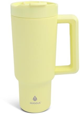 Manna Doppelwandiger isolierter Becher aus Edelstahl mit intelligentem Verschluss, Doppeltrinkdeckel und Strohhalm-Griff, 1,2 l, gelbe Pulverbeschichtung