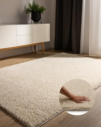 benuta Basic Hochflorteppich Teppich Wohnzimmer Sohari - Creme 133x190 cm - Minimalistischer Look - Weich & Waschbar - Für Schlafzimmer, Flur oder Esszimmer - Geeignet für Fußbodenheizung