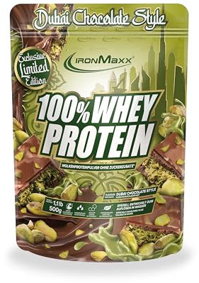 IronMaxx 100% Whey Protein Pulver 500g - Dubai Chocolate | Cremiger Eiweißshake mit BCAAs & EAAs | High Protein, Low Carb & zuckerarm | Ideal für Muskelaufbau & Fitness