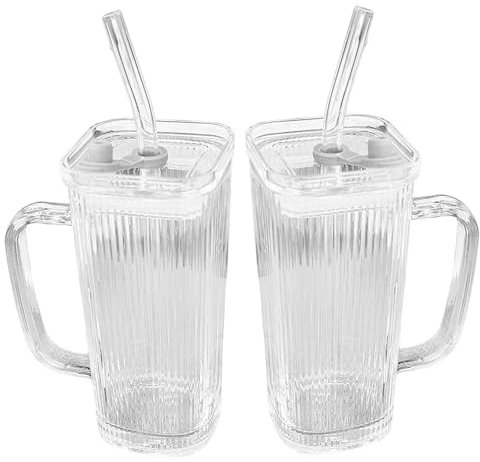 Muzrunq Vumor de vidrio, 2 piezas de vaso de vidrio rayado vertical con mango, paja y tapa, tazas prácticas de 250 ml claras con mango, con paja y tapa.