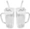 Muzrunq Vumor de vidrio, 2 piezas de vaso de vidrio rayado vertical con mango, paja y tapa, tazas prácticas de 250 ml claras con mango, con paja y tapa.