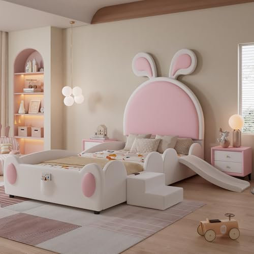 Kebnor Polsterbett, Einzelbett Mit Kleiner Treppe und Kinderrutsche, Kopfteil mit Hasenohren, Kinderbett mit Holzlatten, PU, Weiß+Rosa, 90x200cm