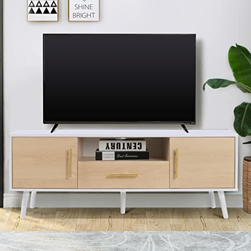 Skokliz TV Unit, 120cm TV Stand Cabinet for TVs up to 55inch | Rattan TV Console Table with 2 Doors and 2 Open Shelves, Boho TV Cabinet for Living Room, Bedroom, Oak
