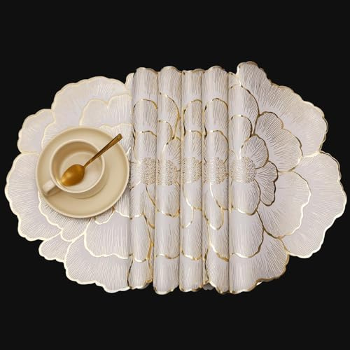 FAVE 4er Set Runde Tischsets mit Goldfarbener Blumenoptik, Wiederverwendbare Vinyl Platzsets für Hochzeitsdeko, Festbankett, Geburtstagsfeier, Eventdekoration und Restaurant (Goldene Pfingstrose)