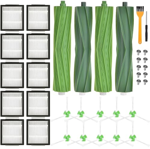SaiXuan Kit Ricambi Roomba per iRobot i3/i3+, i4, i6/i6+, i7/i7+, i8/i8+, E5 E6 E7 – 2 Set Spazzole Principali, 10 Filtri, 10 Spazzole Laterali, 10 Viti, Spazzola di Pulizia & Cacciavite