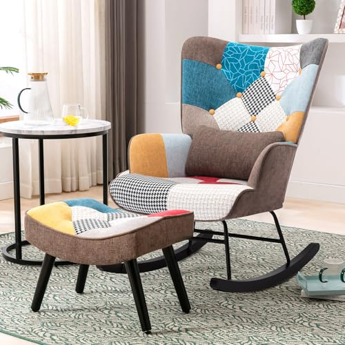 HomeMiYN Rocking Chair with Footstool and Cushion Linen Wood Legs Patchwork | Upholstered High Wing Back Reading Accent Nursery Chairs for Living Room Bedroom