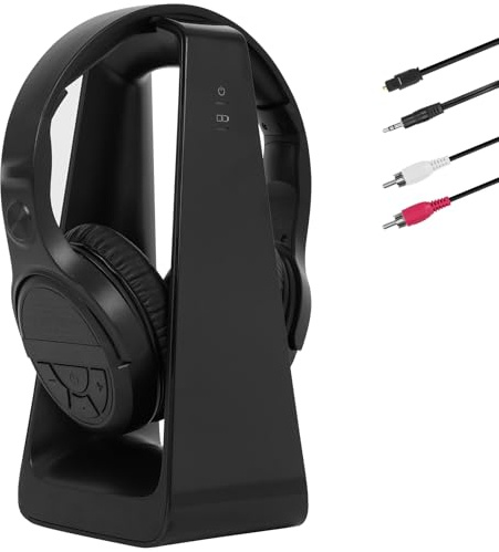 Cuffie TV Wireless per Anziani con Pulsanti Grandi, Base Ricarica Trasmettitore RF 2.4GHz, Supporto Uscite Ottico/RCA/AUX, Cuffie Bluetooth Over-Ear con 3 Modalità EQ, Portata 30m Senza Ritardo Audio