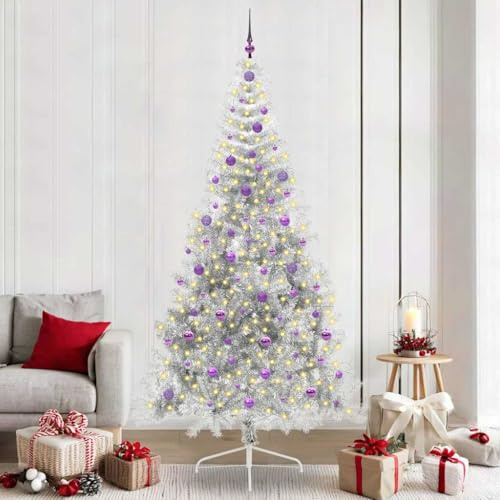 Albero di Natale Artificiale in PET con 300 LED USB Bianco Caldo, Rami Realistici Forma Conica, Albero di Natale con Luci Incorporate, Decorazioni Natalizie, Argento, 240 cm,3397238