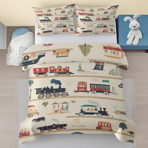 Generisch Vintage Zug Bettwäsche 135x200, Cartoon Auto Bettwäsche-Sets 2 Teilige, Dampflokomotive Kinder Weiche Mikrofaser Bettbezug mit Reißverschluss 135 x 200 cm & 1 Kissenbezug 80 x 80 cm