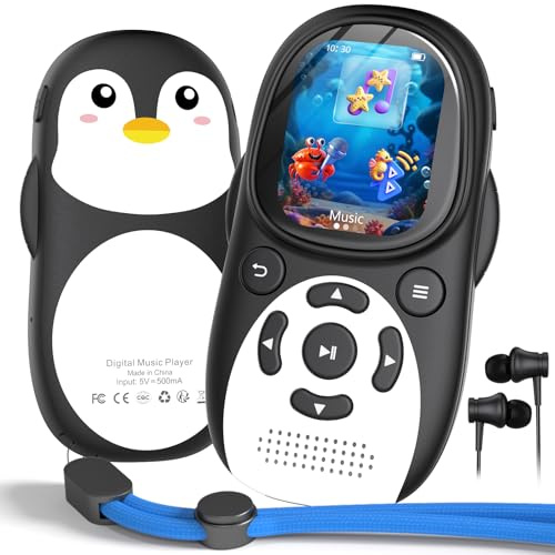 64GB MP3 Player Kinder, Bluetooth 5.3 Lautsprecher Pinguin Design Tragbarer Musikplayer mit 2 IPS Bildschirm, FM Radio, Sprachrecorder, Wecker, 128GB Erweiterbar
