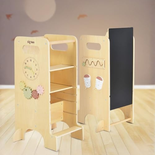 Moni Kinder Lernturm 4 in 1 Big Ben Rutsche Tafel Hochstuhl Uhranzeige Motorik braun