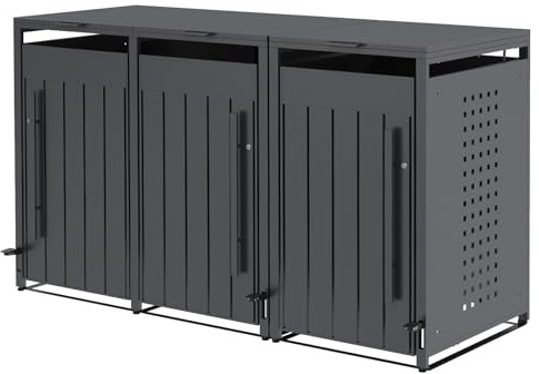 OMERAI Premium Triple Wheelie Bin Storage with Foot Pedal, 240L Outdoor Garden Bin Hideaway, Weather-Resistant Powder-Coated Steel in Anthracit, Assisted Lifting Lid & Lock, 80 x 200 x 116 cm