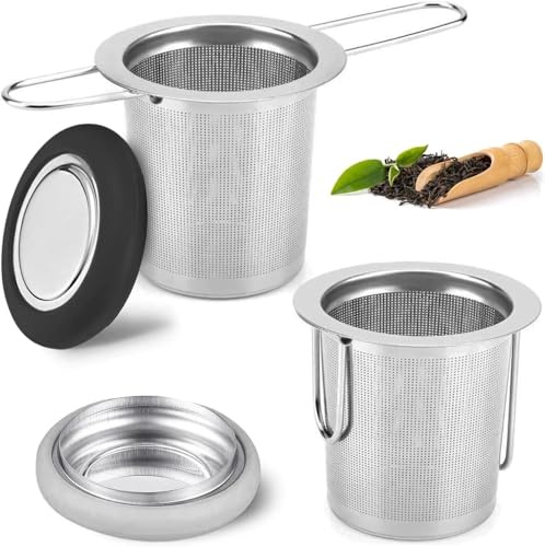 Set de 2 Infuseurs Thé en Acier Inoxydable 304 – Filtre à Maille Fine avec Couvercle, Poignées Pliables et Silicone Résistant à la Chaleur, Lavable au Lave-Vaisselle – Pour Tasse et Théière