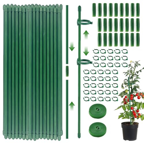 mizikuu Pflanzenstütze, 40 Stück 30cm Staudenhalter Rankhilfe Zimmer mit 40 Clips, 25 Verbinder und 2 Pflanzenbinder Pflanzenhalter für Pflanzen, Gurken, Tomaten, Orchideen, Bohnen und Blumen