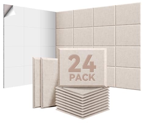 Paneles Acústicos de Pared 24 Piezas 2,88 m² Autoadhesivos Camel Claro | 30×40×0,9 cm, 230 kg/m³ y NRC 0,95; absorción acústica para reducir eco en estudio, oficina, dormitorio o gaming.