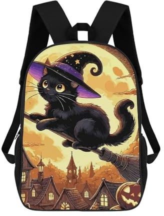 sinyumoney Black Cat Witch on Broom 3D Printed Kids School Bag Rucksacks Children's School Fashion Casual Back Pack High Capacity Travel Book Bags Backpack for Kids 17inch
