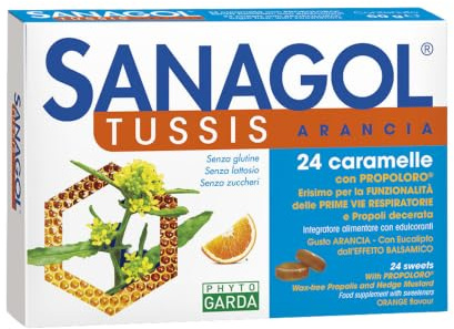 SANAGOL Tussis Arancia 24 Caramelle Gola Voce | Pastiglie per Mal di Gola, Tosse e Raffreddore con Erisimo, Piantaggine, Malva, Eucalipto e Propoli | Azione Emolliente e Lenitiva | Gusto Arancia