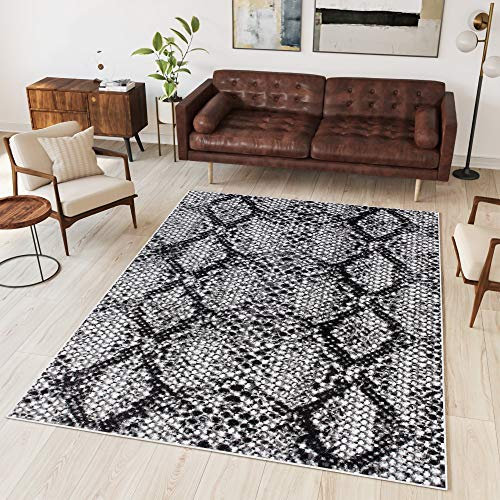 TAPISO Dream Teppich Modern Kurzflor Creme Schwarz Grau Meliert Schlange Design Tiermotiv Schlangenmotiv Schlafzimmer Wohnzimmer ÖKOTEX 120 x 170 cm