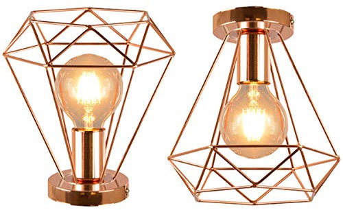 iDEGU 2 Stück Deckenleuchten Industrielle Deckenlampe aus Eisen 20cm Lampenschirm in Käfig Design Vintage Pendelleuchte E27 Beleuchtung Kronleuchter für Wohnzimmer, Schlafzimmer, Restaurent (Roségold)