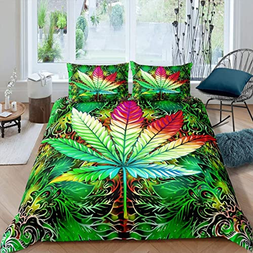 Loussiesd Marihuana Blatt Bettwäsche Set Türkis-Cannabis-Blätter Bettbezug Marihuana Weed Grün Blatt Bettwäsche 135x200cm Trippy Hanf-Bettbezug für Kinder Erwachsene mit 1 Kissenbezug 80X80cm