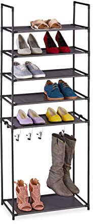 Relaxdays Schuhregal 6 Ebenen, Stecksystem, für 12 Paar Schuhe, 4 Stiefelhaken, Metall & Stoff, Schuhablage, schwarz