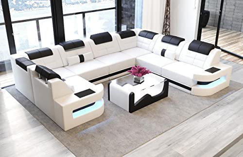 Sofa Dreams Wohnlandschaft Como U Form Ledersofa (Langer Schenkel rechts, Weiß-Schwarz)