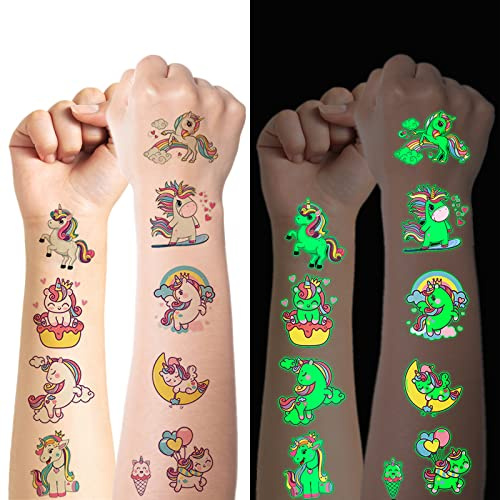 Tattoo Kinder, 10 Blätter Leuchtendes Einhorn Temporäre Tattoos Aufkleber Set für Mädchen Jungen, Leuchten im Dunkeln Wasserdichte Kindertattoos, Geburtstagsgeschenke Kindergeburtstag Mitgebsel
