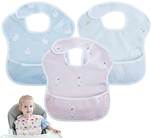 Little Dimsum Baby Lätzchen 3er Set,Wasserdichte Babylätzchen mit Ärmeln & Auffangtasche, Verstellbarer Klettverschluss, Für Babys 6-36 Monate (Maschinenwaschbar)