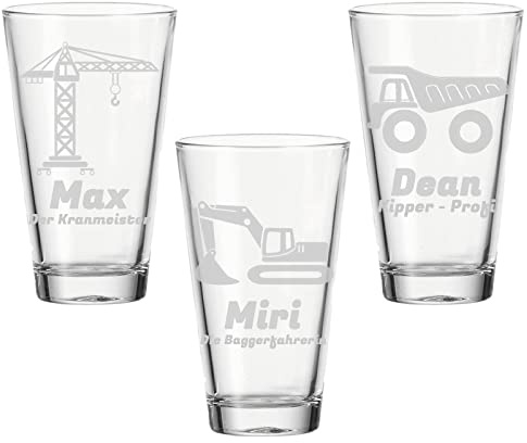 LUXENTU Kinderbecher Trinkgläser mit Gravur, 3er Set Baustellenfahrzeuge, 300 ml, Wasserglas Kinderglas mit Baustellen-Motiv & personalisierter Namensgravur für Kinder, Spülmaschinengeeignet