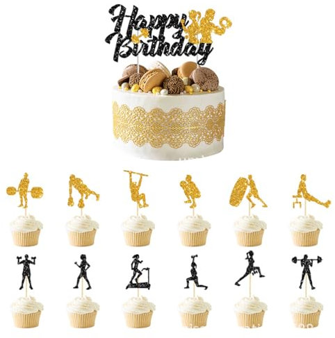 MiaLover 13Pcs Kuchen dekorieren Set GymsThemed Kuchen dekorieren 1 Big Happy Birthday Cupcake und 12 muskulöse Gewichtheben Cake Topper für Geburtstag Party Supplies