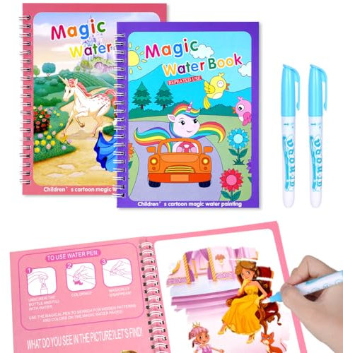 OSDUE 2 Stück Wassermalbuch, Wiederverwendbar Wasser Malbuch, Magic Water Coloring Book Malbuch mit Wasserstift Wasserzauber malbuch Für Kinder 3 4 5 6 Jahre alte Jungen Mädchen