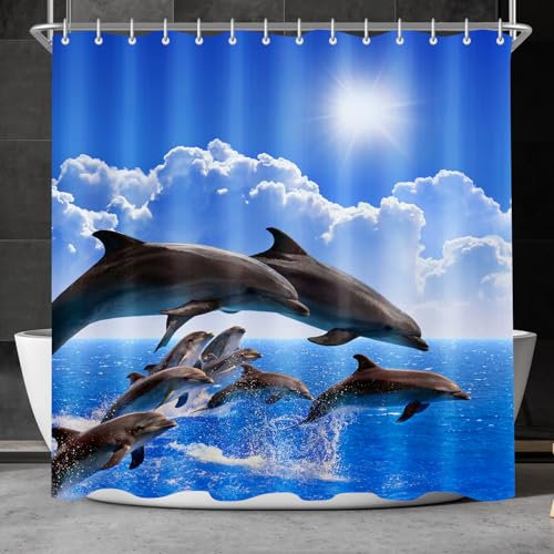 Lerores Duschvorhang 120x180cm Delphin, Antischimmel Textil, Wasserabweisend, Waschbar Polyester Stoff Badevorhänge mit 8 Ösen und Duschvorhangringe für Badezimmer, Badewanne