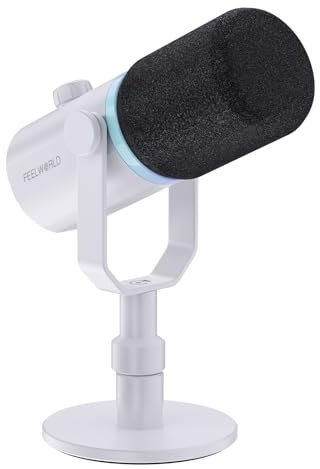 FEELWORLD PM1 XLR/USB Dynamic Microphone for Recording Podcasts, White Form Factor, Gaming PC Microphone with RGB Lighting, Mute, Headphone Jack, Desktop Stand, XLR Cable