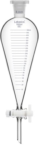 Labasics Embudo de Decantación Graduado, 500 ml de Vidrio de Borosilicato de Pared Gruesa con Junta 24/29 y Llave de PTFE