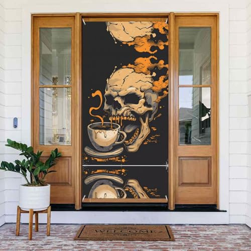 Grim Coffee Skull Door Covers Decorative - Door Banner Decorations for Indoor Outdoor, Spring/Summer/Fall/Winter Halloween Christmas Decorations