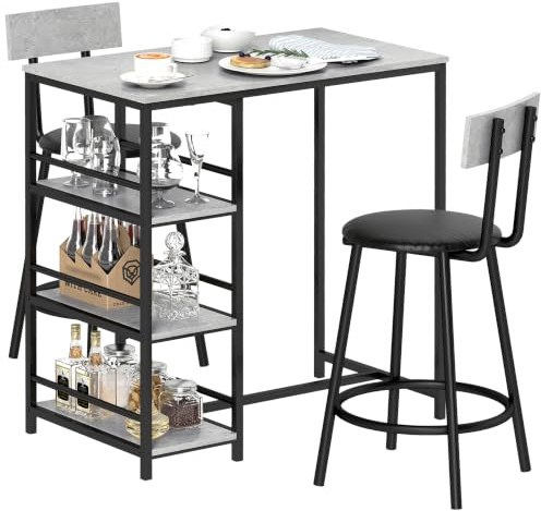 HOMCOM 3 Piece Breakfast Bar Table Set with Stools for 2 Light Grey | Rectangular Seat, Space Saving, PU Leather Stools, Dining Table Set, Storage Shelves