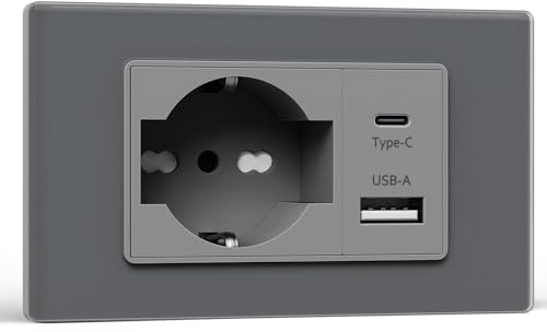 BSEED Steckdose Schuko e Steckdose italienisch mit USB-A e Type-C, Steckdosen elektrisch da Muro 10A/16A, USB da Muro con Pannello di Vetro, Steckdose18mm Grau