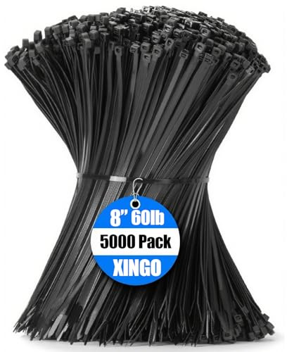 XINGO Black Cable Ties Pack of 5000, 200mm x 4.8mm, Premium Nylon Durable Zip Ties, Self-Locking UV Resistant Nylon Plastic Wire Ties for Indoor and Outdoor