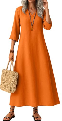 Maxi Dress for Women - Summer Fall Casual Long Sleeve Dresses Ladies V Neck Linen Sundress Loose Swing Holiday Beach-Dress
