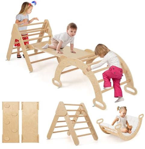 COSTWAY 7 en 1 Triangle d'escalade Montessori Enfant avec Rampe & Coussin, Arc d'escalade Montessori en Bois Hêtre avec Bascule & Échelle, Charge Max 50KG pour Glisser Grimper pour Bébé de 1 an+