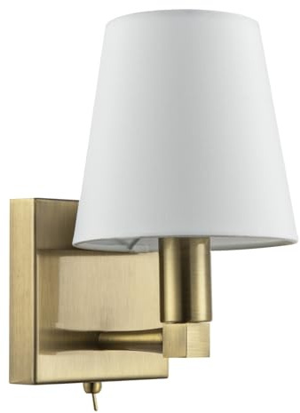 Happy Homewares Sleek Bedside Wall Light Fitting in Antique Brass with Toggle Switch and White Cotton Conical Shade | 24cm x 13cm x 16cm | 1 x 7w E14