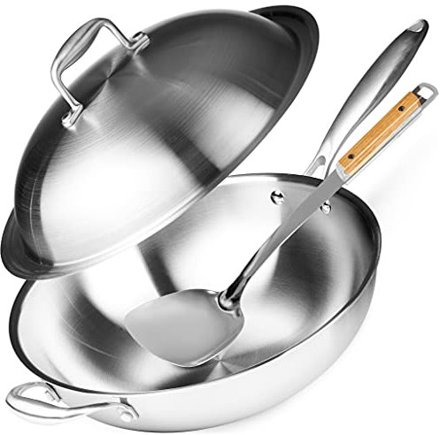 Willow & Everett Wok Pan - Padella antiaderente in acciaio inox con coperchio a cupola e spatola in bambù, pentole antigraffio per gas, induzione o stufa elettrica