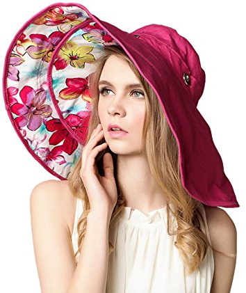 WSLCN Femme Fille Capeline Amovible Bord Large Anti-UV Double-Face Imprimé Chapeau de Plage Respirant pour Voyager Randonnée en Coton Point Bleu
