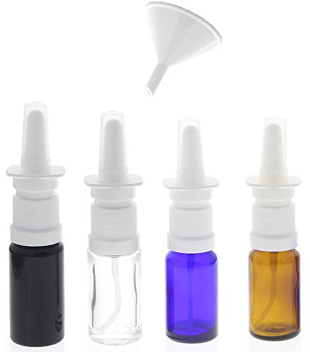 4x Leere Nasenspray-Flasche 10ml mit kl. Trichter, Kosmetex Glas Nasenzerstäuber Vaporizer Nasensprühflasche, 4x Mix 10ml +1x Trichter