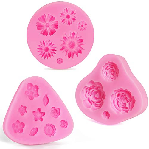 mciskin Moldes de fondant de pastel de flores,mini Moldes de Silicona de Flores,Molde de flores rosas,Moldes de flores,Decoración de pastel de chocolate fondant(3 piezas)