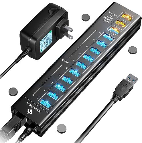 Smartdelux alluminio 13 porte USB hub con 10 porte USB 3.0 e 3 porte di ricarica intelligente, LED, 152,4 cm di lunghezza cavo... Black